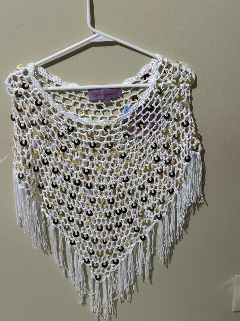 Velvet Angels White Crochet Sequin Fringe Poncho